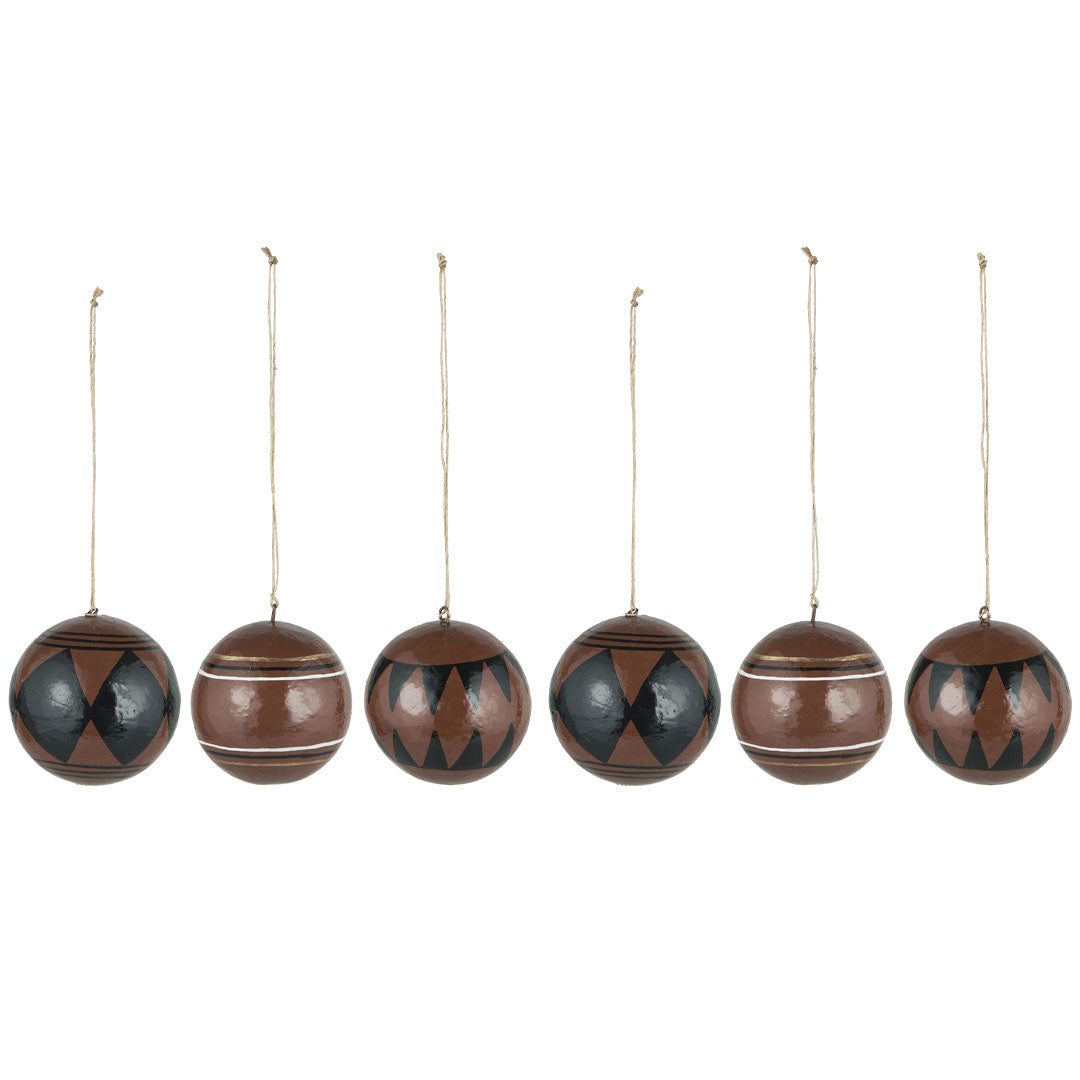 Ib Laursen – Weihnachtskugeln aus Pappmaché – Rustic Brown mit Muster, 6 Stück