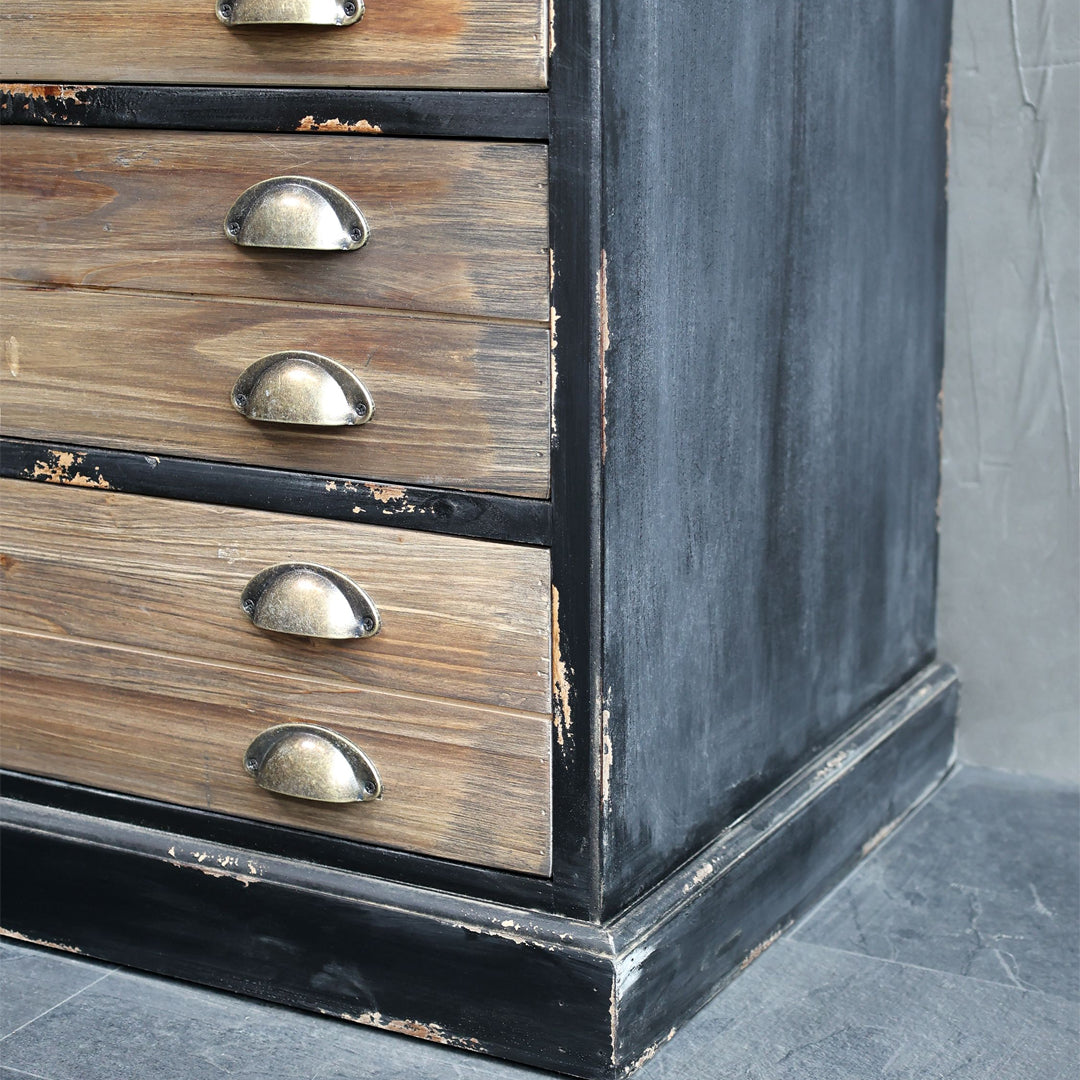 Vitrinenschrank mit 2 Glastüren und 4 Schubladen in Antique Schwarz