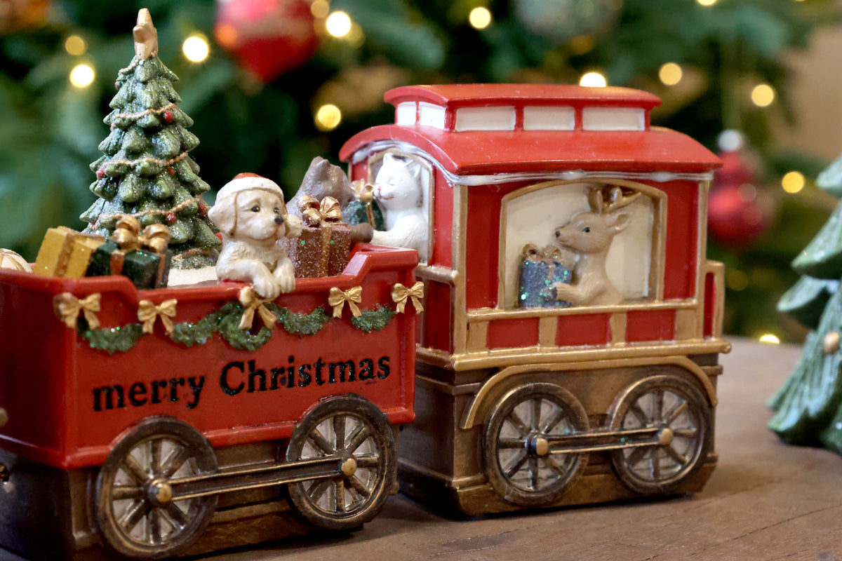 Chic Antique – Noël Weihnachtszug mit 2 Waggons und LED – H12/L37/B8 cm – Kirschrot