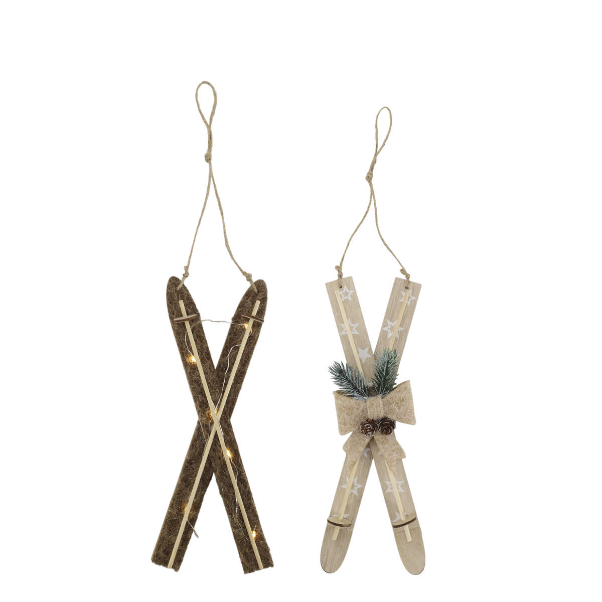 Chic Antique – Ski mit LED und Schleife, 2er-Set – H29/L10 cm – Beige und Mokka