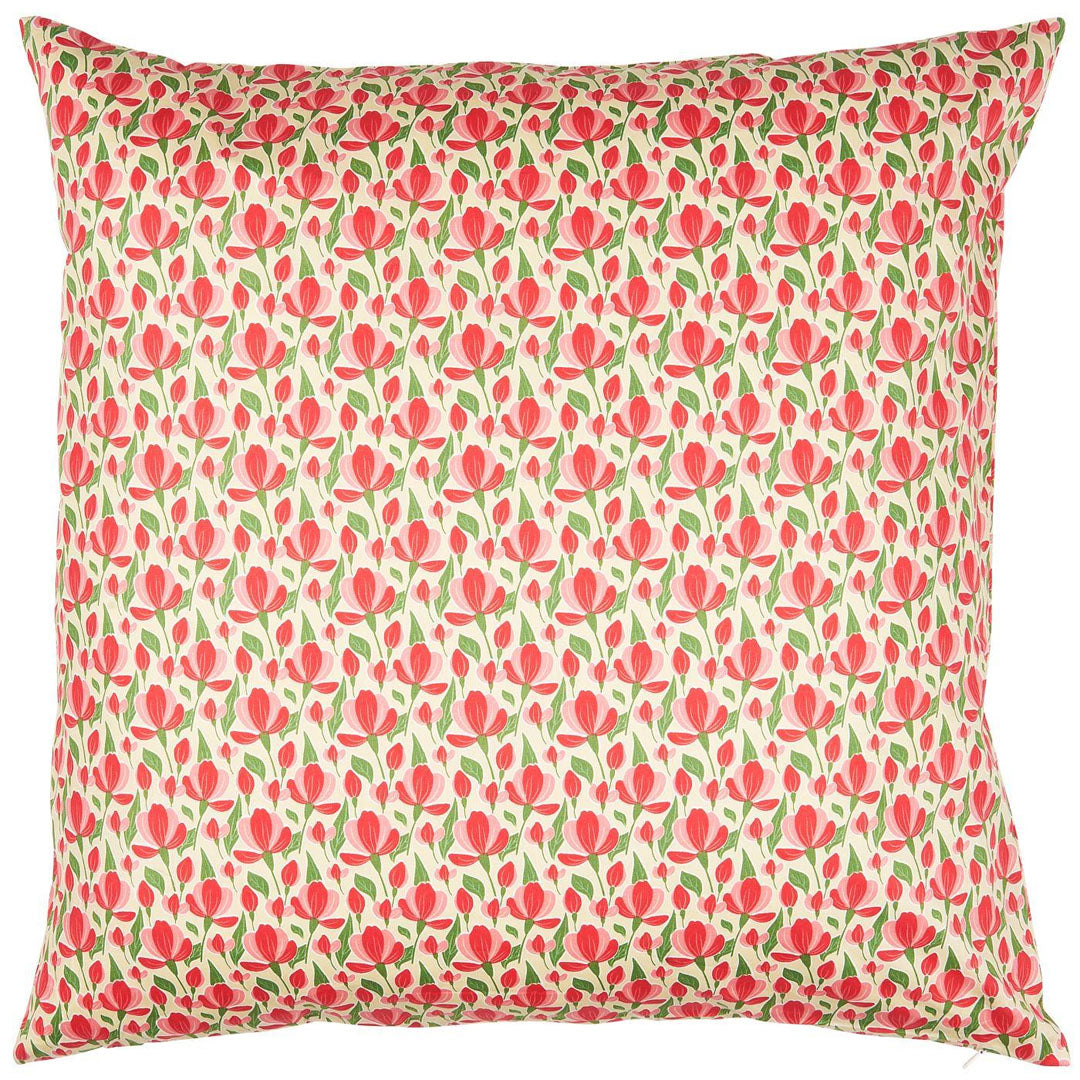 Ib Laursen – Kissenbezug beige mit roten und rosafarbenen Blumen, grünen Blättern 60 x 60 cm