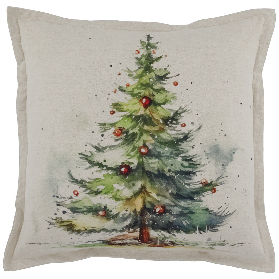 Weihnachts Kissenbezug mit Aquarell-Tannenbaum – Leinenoptik 50×50 cm