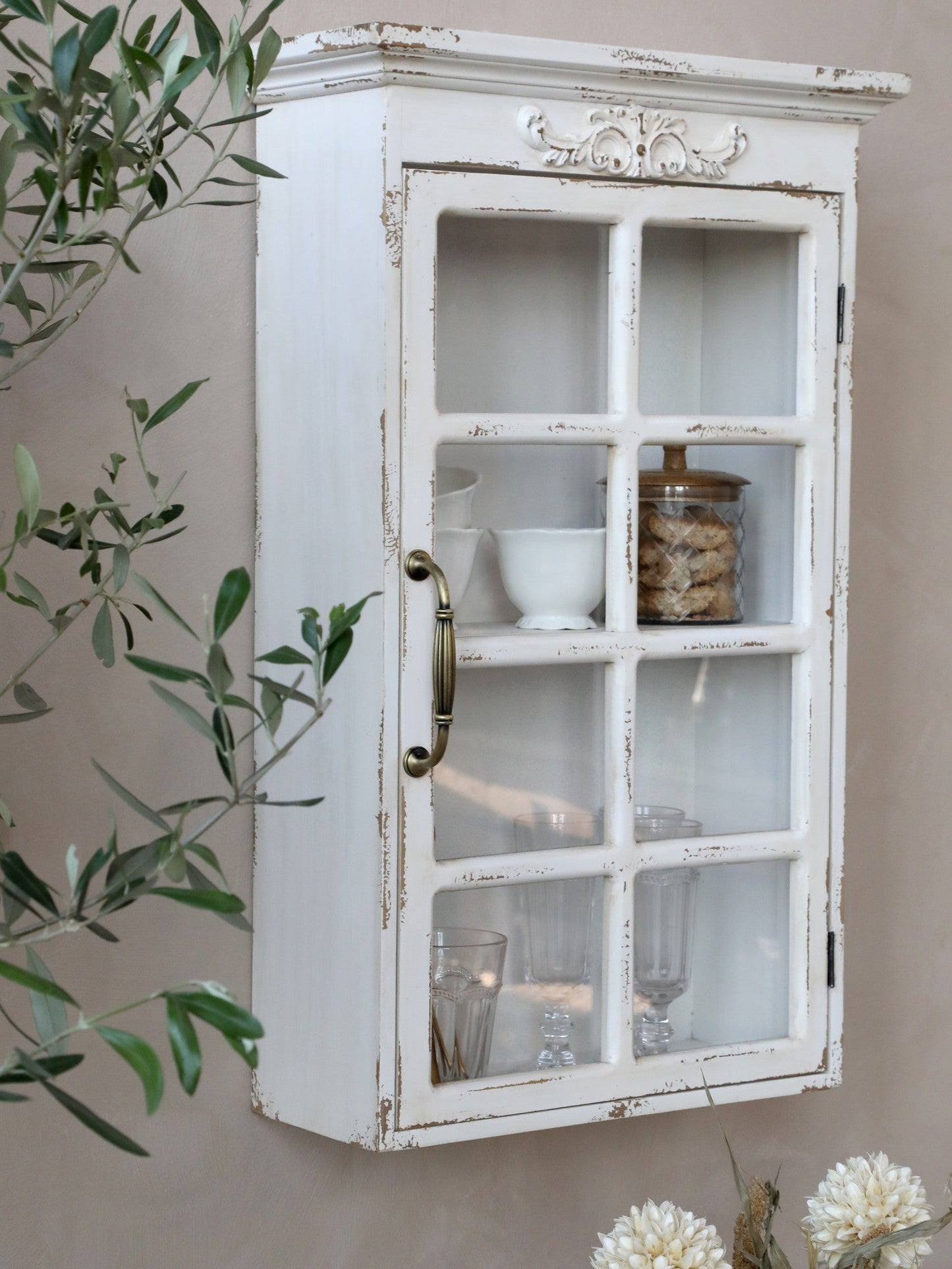 Chic Antique - Wandkast mit Dekor - Antik Creme, H70/L44/B17,5 cm