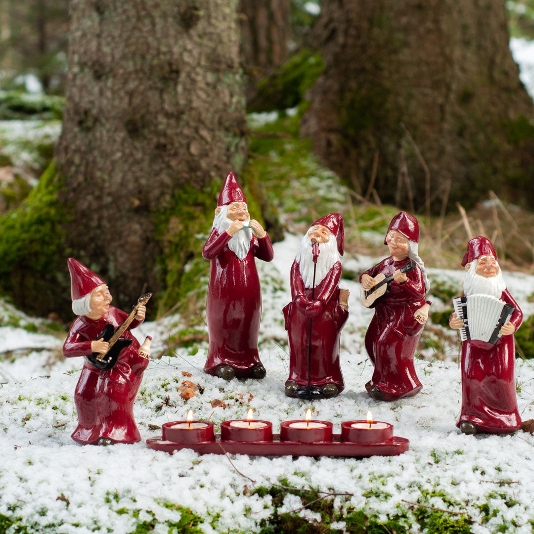 Harvesttime – Musikalische Wichtel mit Teelichthalter, Set mit 5 Figuren, Rot (groß)