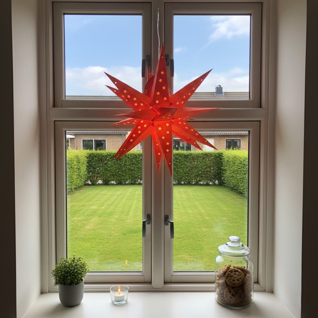 Jyoti Multi Sternenlampe in Rot mit Goldsternen, Ø60 cm