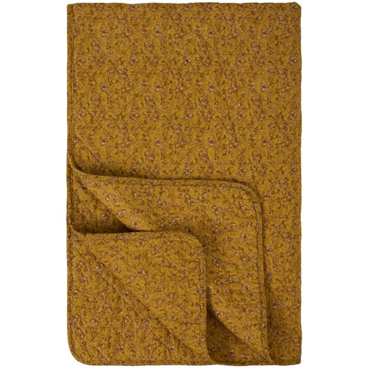 Ib Laursen – Quilt in Mustard mit grünen, grauen und braunen Blumenranken – 130 x 180 cm
