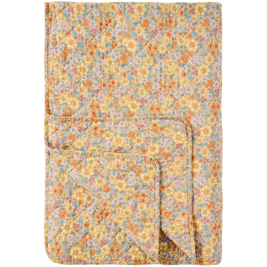 Ib Laursen – Gelber Quilt mit gelben, blauen, orangefarbenen und lila Blumen, 130 x 180 cm