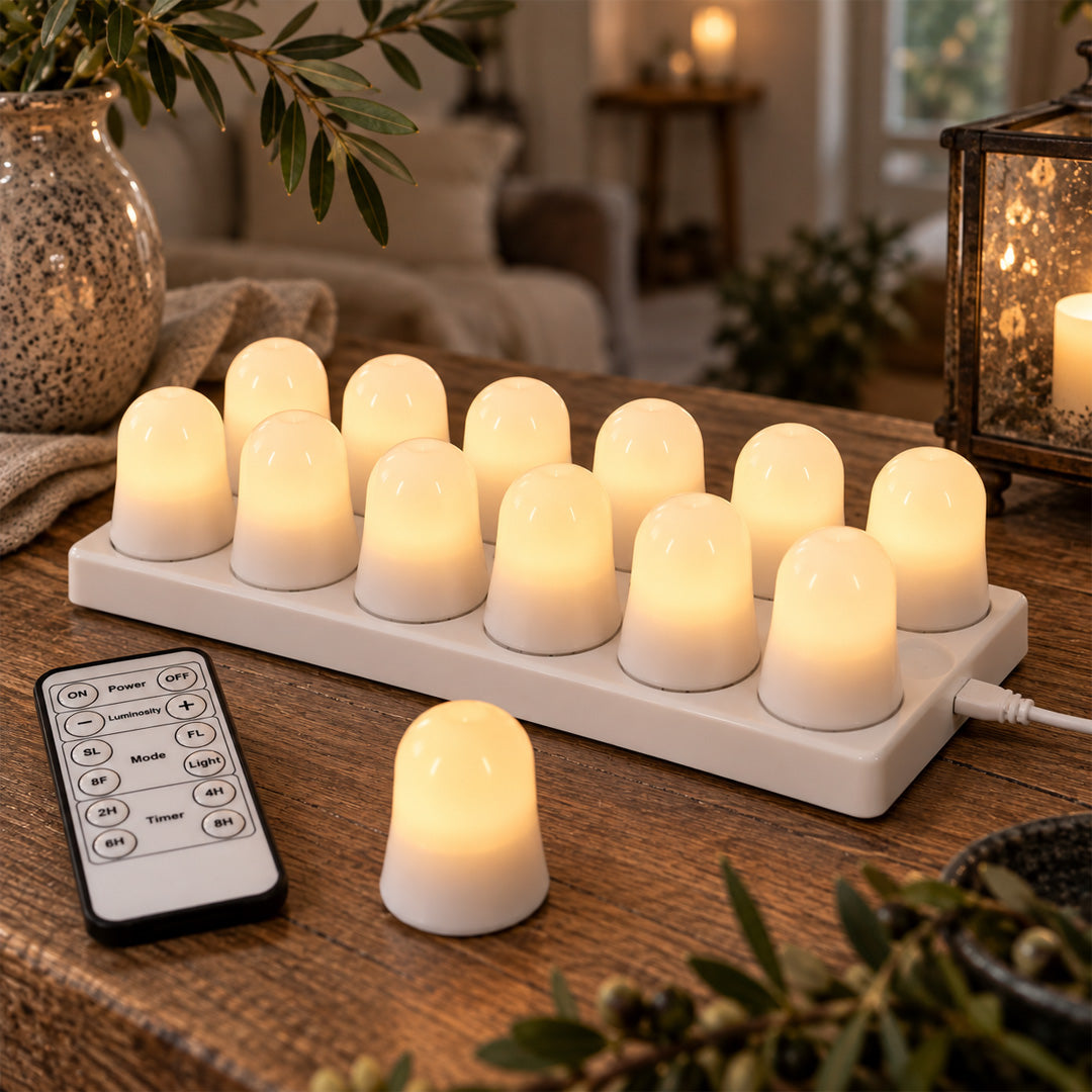 Wiederaufladbare LED-Teelichter mit Fernbedienung – 12 Stück inkl. Ladestation