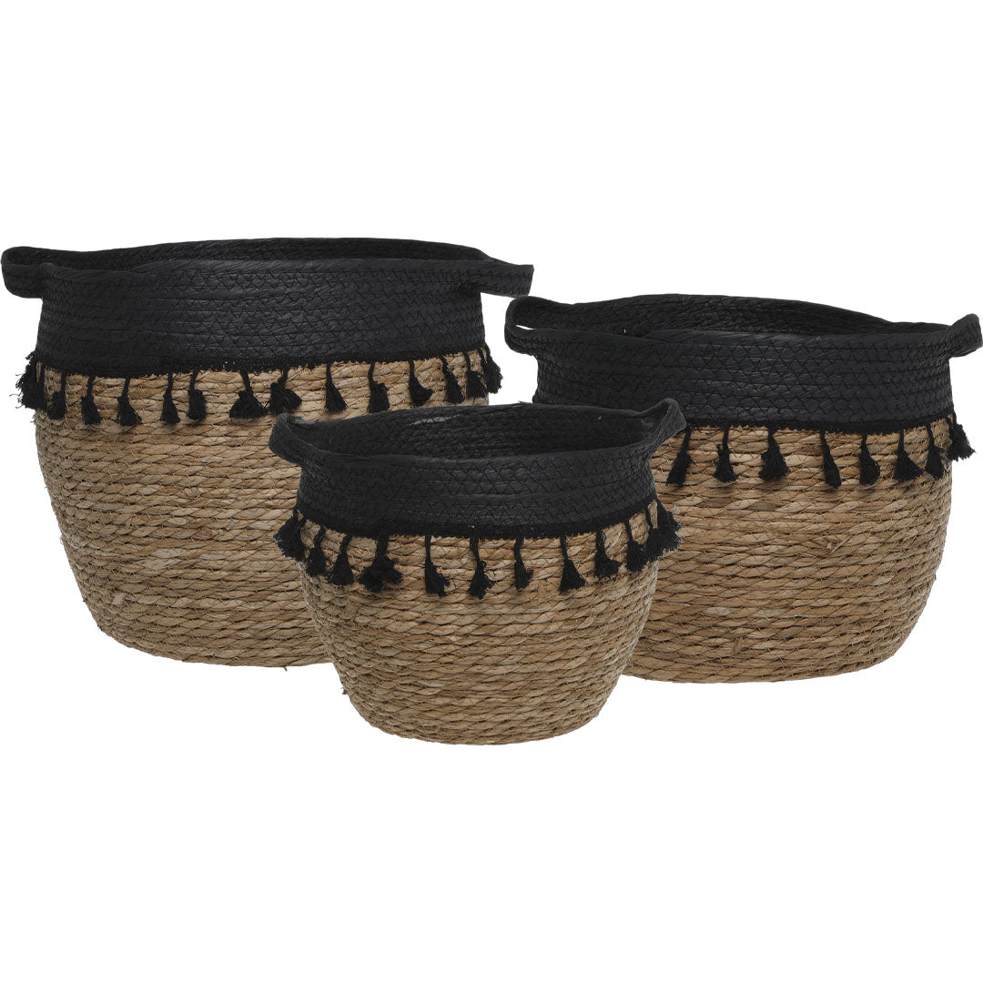 Chic Antique – Körbe mit schwarzen Fransen – 3er-Set – Natur