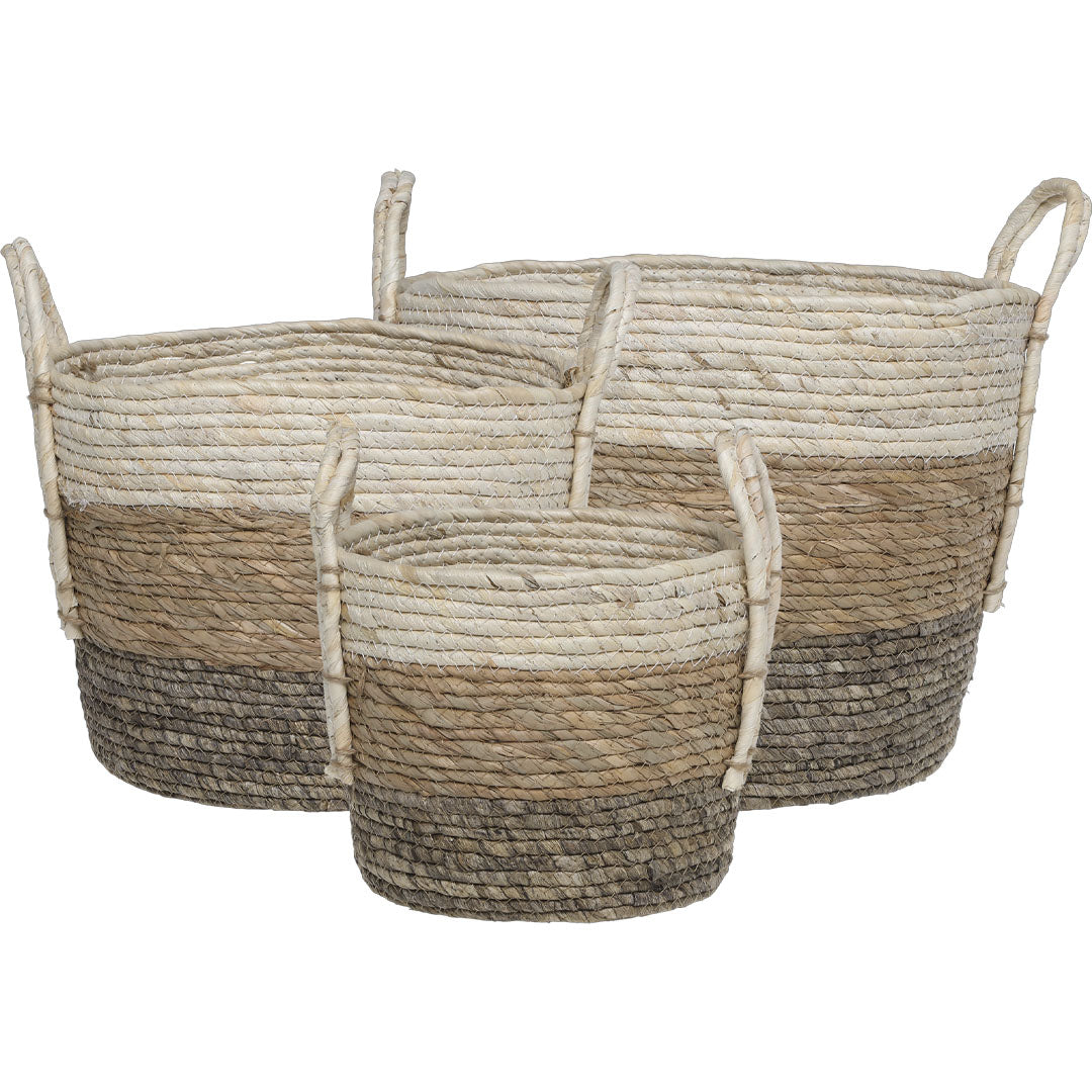 Chic Antique – Korbset aus getrocknetem Gras – 3 Aufbewahrungskörbe in Natur mit Griffen