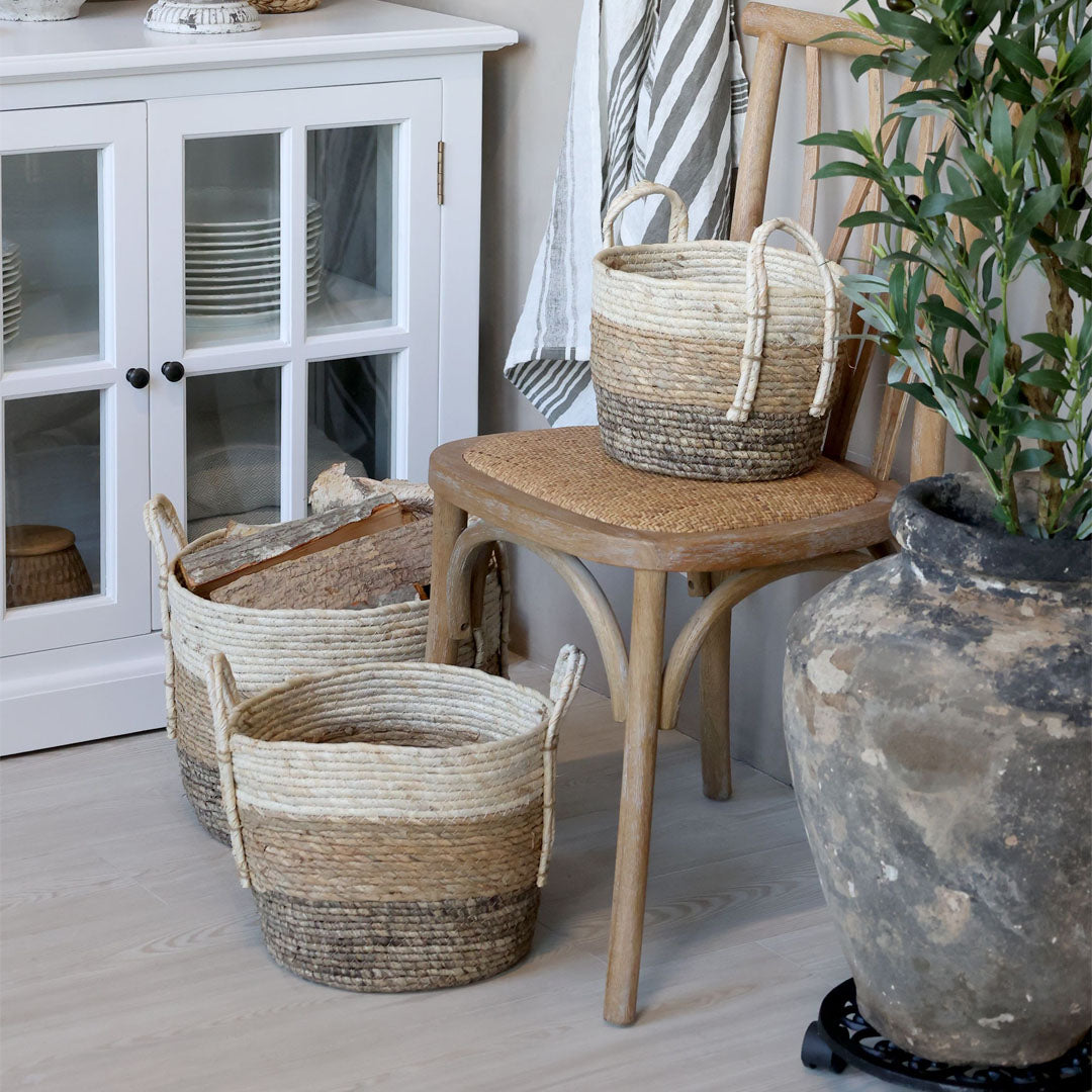 Chic Antique – Korbset aus getrocknetem Gras – 3 Aufbewahrungskörbe in Natur mit Griffen