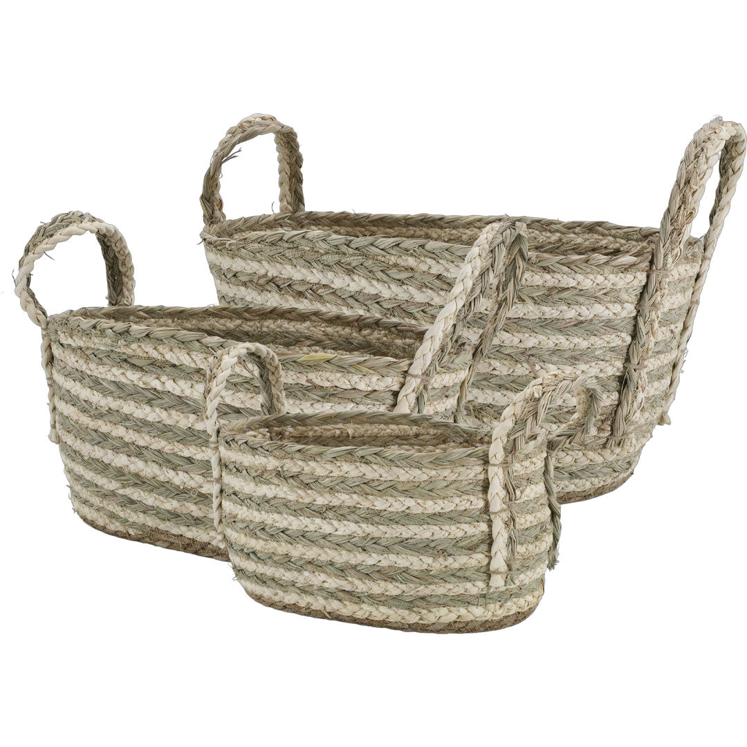 Chic Antique – Korbset aus Seegras – 3 Aufbewahrungskörbe in Creme & Grün mit Griffen