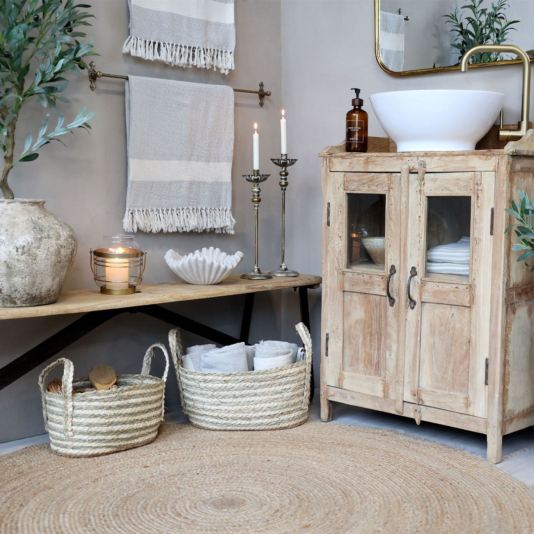 Chic Antique – Korbset aus Seegras – 3 Aufbewahrungskörbe in Creme & Grün mit Griffen