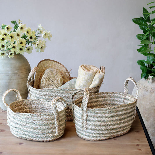Chic Antique – Korbset aus Seegras – 3 Aufbewahrungskörbe in Creme & Grün mit Griffen