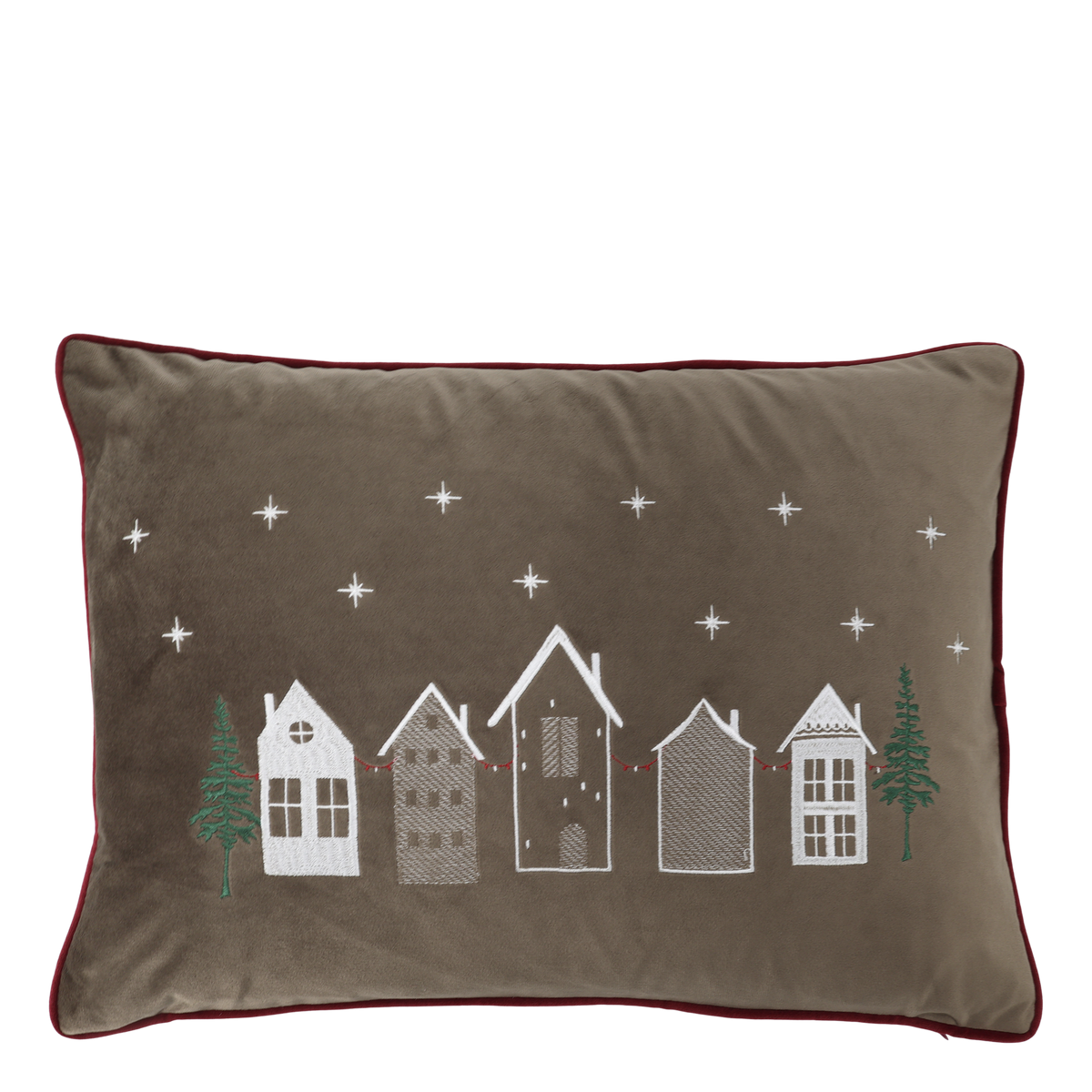 Chic Antique – Aix Kissenbezug mit gestickten Häusern – 50 x 35 cm – Mokka