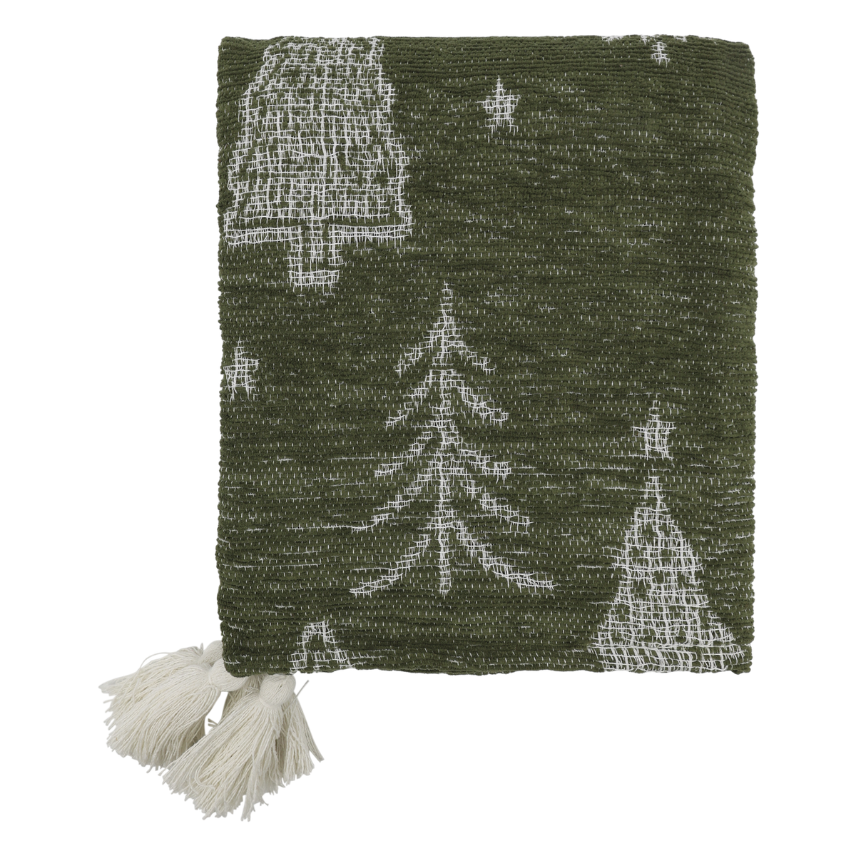 Chic Antique – Aix Chenille-Plaid mit Weihnachtsbäumen – 150 x 130 cm – Olivgrün und Creme