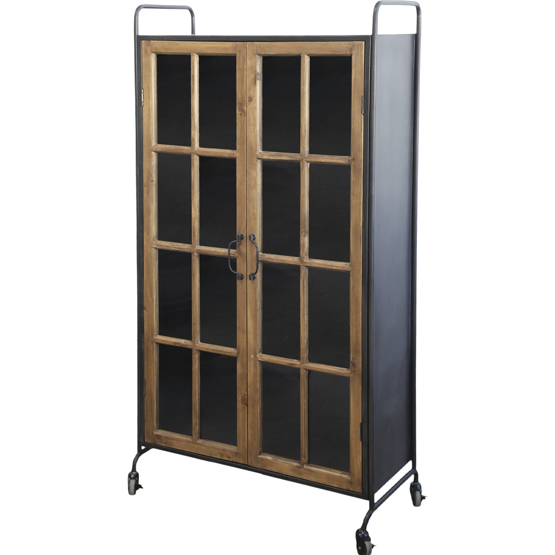 Vitrinenschrank auf Rädern mit Holztüren in Antique Schwarz – industrielles und elegantes Aufbewahrungsmöbel