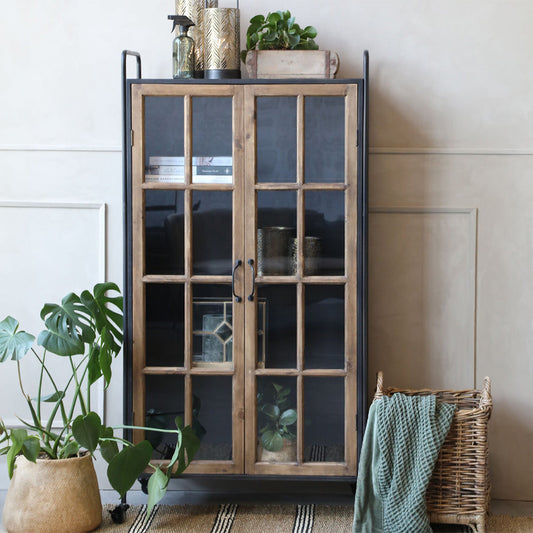 Vitrinenschrank auf Rädern mit Holztüren in Antique Schwarz – industrielles und elegantes Aufbewahrungsmöbel