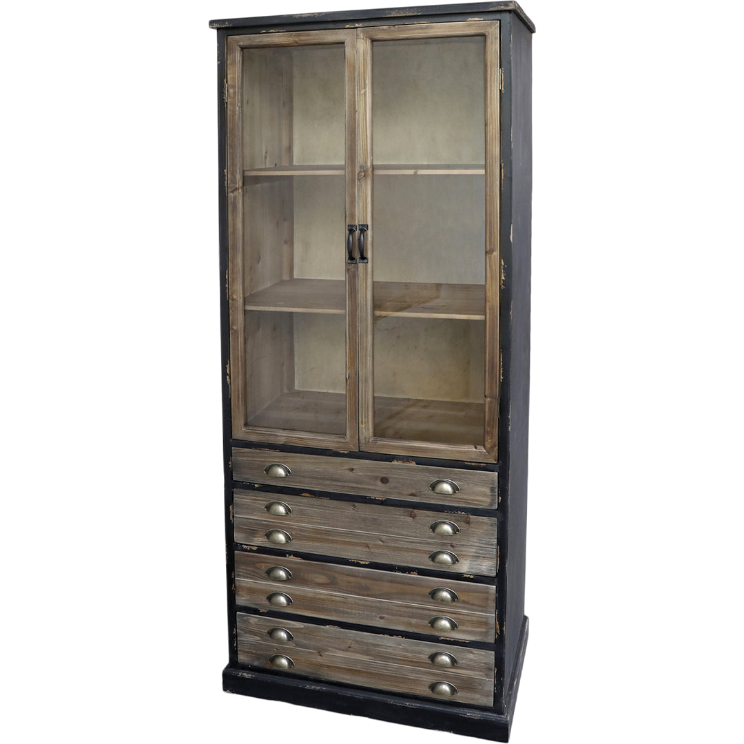Vitrinenschrank mit 2 Glastüren und 4 Schubladen in Antique Schwarz