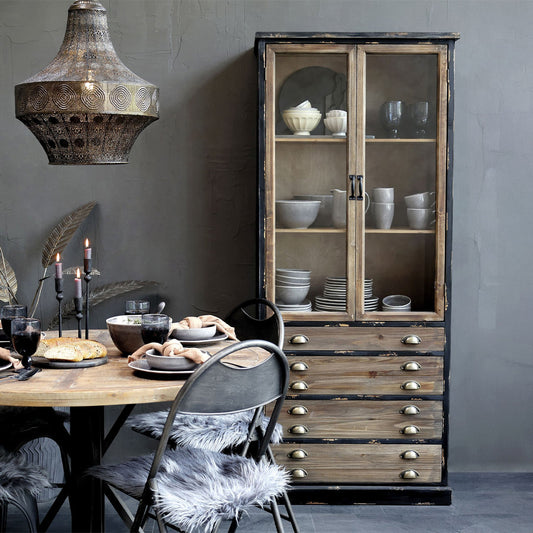 Vitrinenschrank mit 2 Glastüren und 4 Schubladen in Antique Schwarz