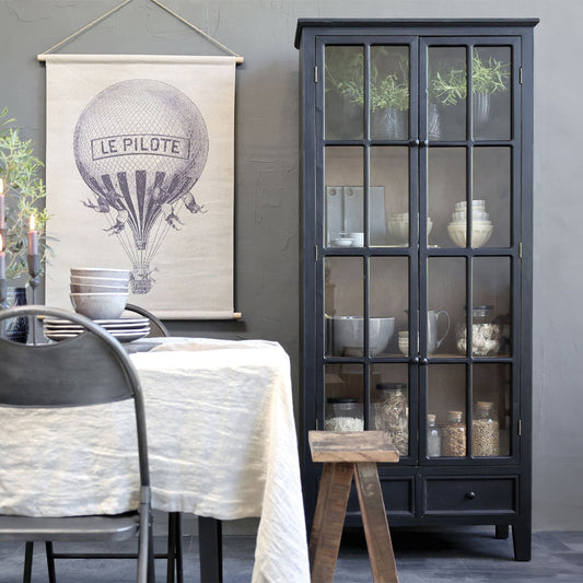 Vitrinenschrank mit 2 Glastüren und 2 Schubladen in Antique Schwarz