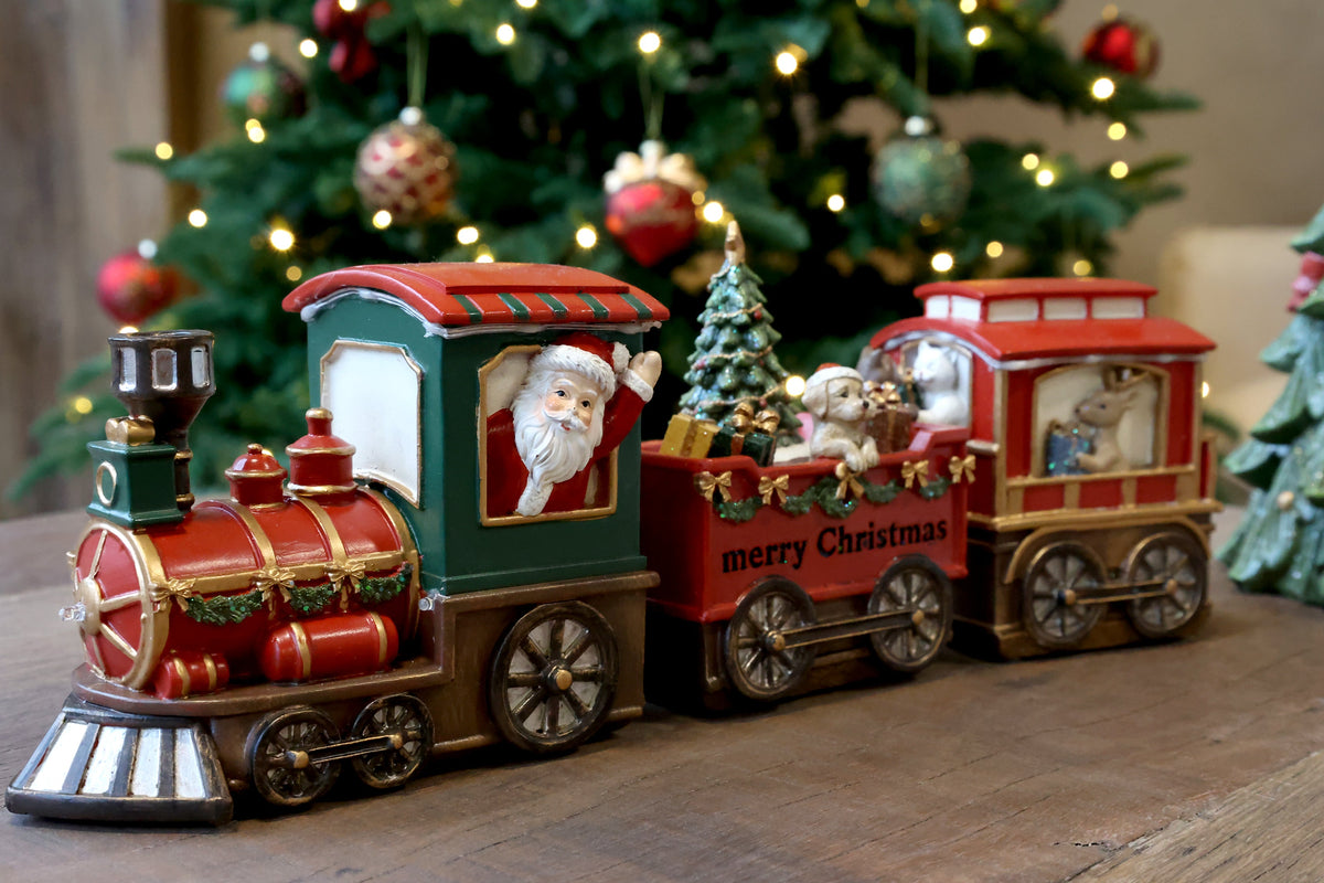 Chic Antique – Noël Weihnachtszug mit 2 Waggons und LED – H12/L37/B8 cm – Kirschrot