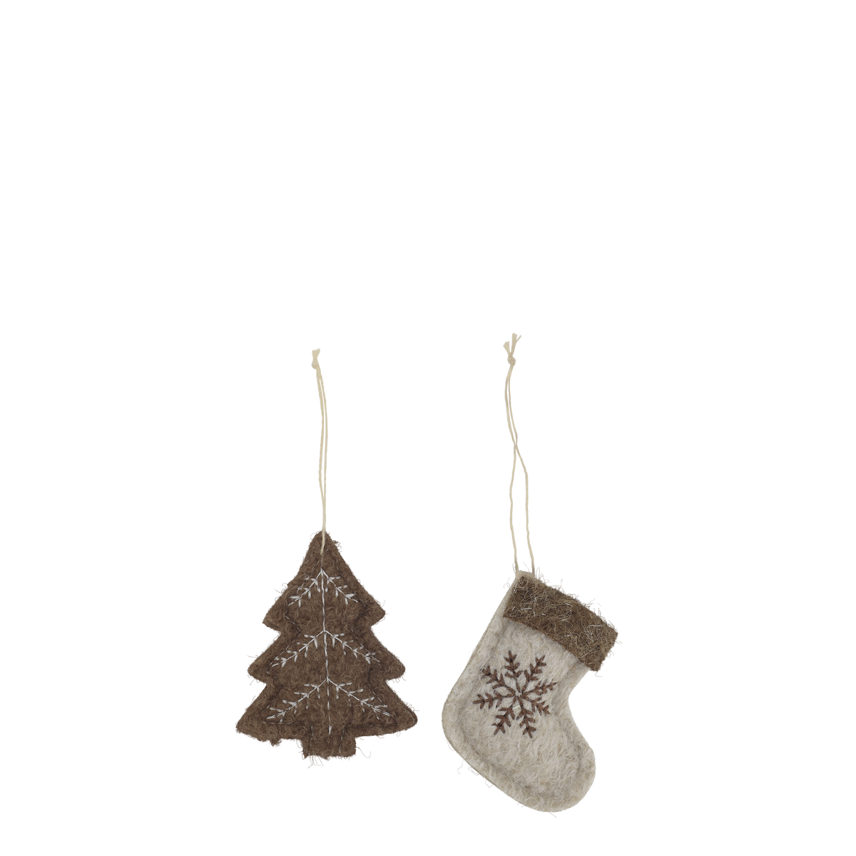 Chic Antique – Filzanhänger mit Weihnachtsstrumpf und Weihnachtsbaum, 2er-Set – H8/L7 cm – Beige und Mokka