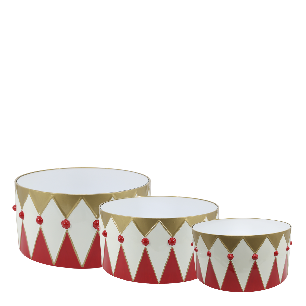 Chic Antique – Trommeln mit Spiegel, 3er-Set – H30/Ø61 cm – Kirschrot und Messing