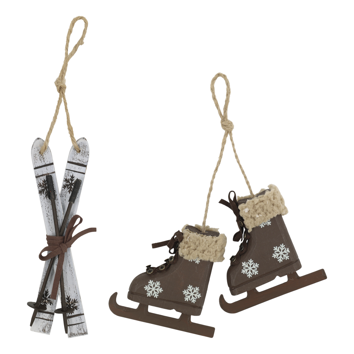 Chic Antique – Vintage-Weihnachtsanhänger mit Skiern & Schlittschuhen – 2er-Set in Weiß und Mocca