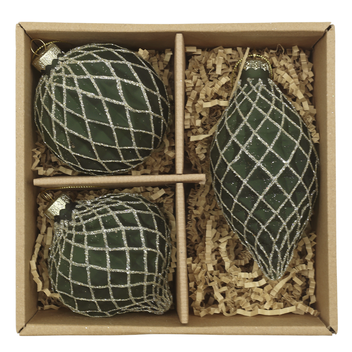 Chic Antique – Weihnachtskugeln in Box, 3er-Set – H13/Ø6 cm – Olivgrün