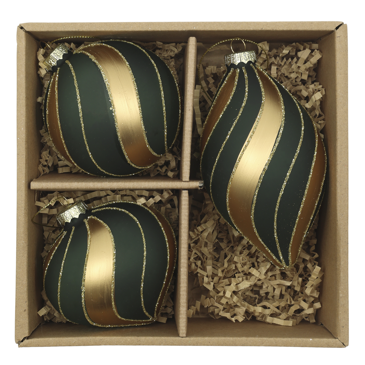 Chic Antique – Weihnachtskugeln in Box, 3er-Set – H12/Ø7 cm – Olivgrün