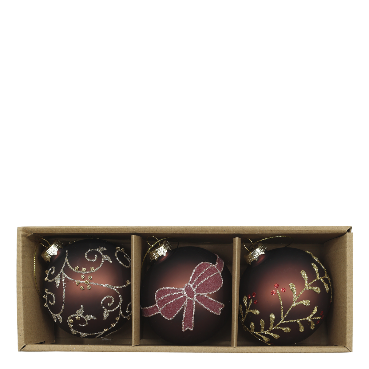 Chic Antique – Weihnachtskugeln in Box – 3er-Set Ø8 cm – Mokka
