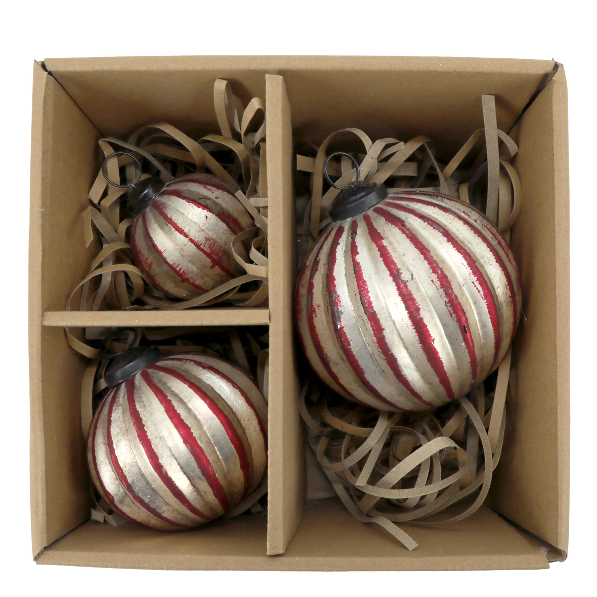Chic Antique – Weihnachtskugeln in Box, 3er-Set – H10/Ø10 cm – Kirschrot und Champagner