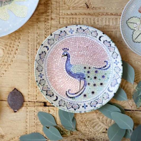 Chartres Teller mit Pfau in Mosaik – 6er-Set Ø21 cm – Old Rose und Skyblue