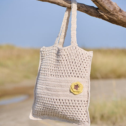 Ib Laursen - Gehäkelte Tasche – Creme mit gelber und brauner Blume (40 x 40 cm)