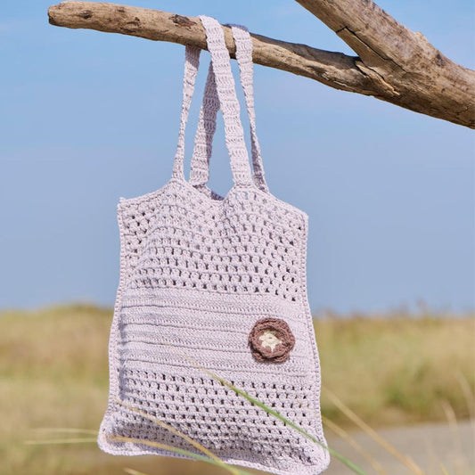 Ib Laursen - Gehäkelte Tasche – Rosa mit brauner und naturfarbener Blume (40 x 40 cm)