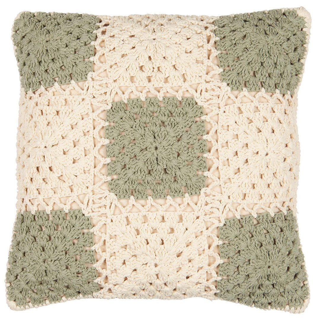 Ib Laursen – Gehäkelter Kissenbezug Creme mit grünen Feldern 50 x 50 cm