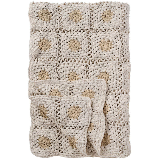 Ib Laursen – Plaid gehäkelt creme mit naturfarbenen Blumen 130 × 170 cm