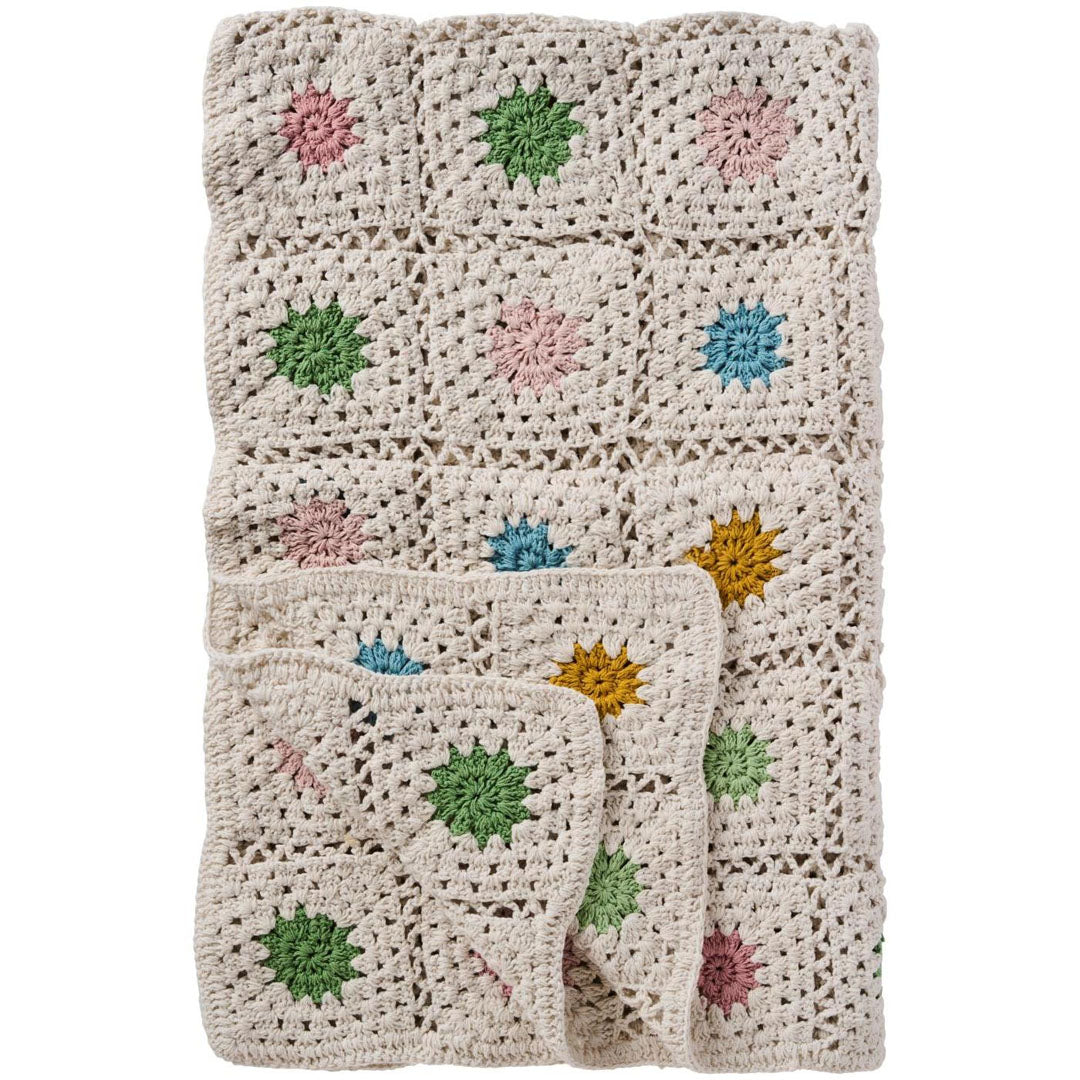 Ib Laursen – Plaid gehäkelt creme mit bunten Blumen 130 × 170 cm