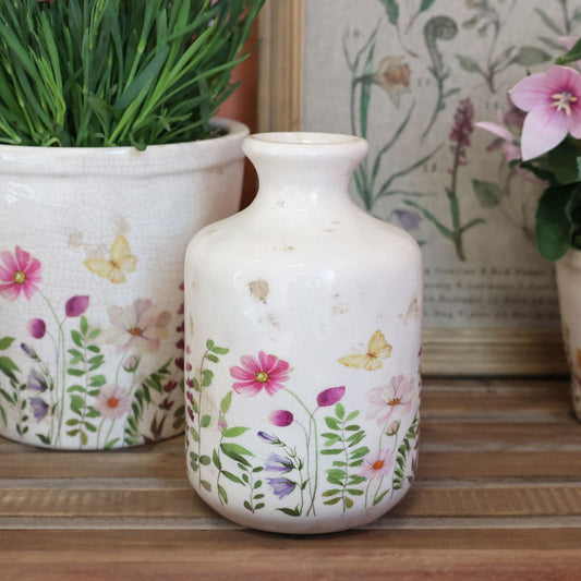 Chic Antique - Avignon Flasche mit Blumenmuster - H17,5/Ø11 cm Creme