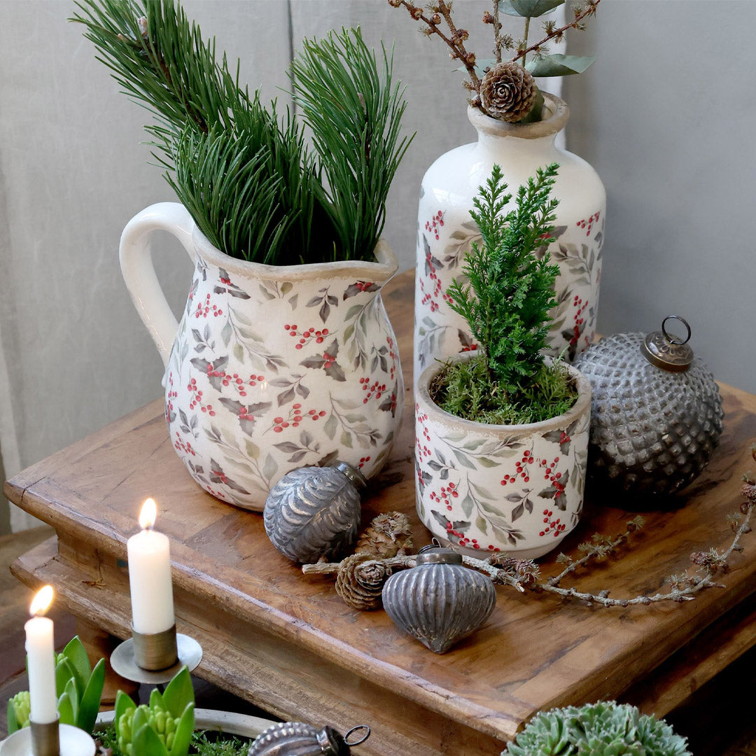 Chic Antique - Übertopf mit Blatt- und Beerenmotiv – H10/Ø10 cm, creme