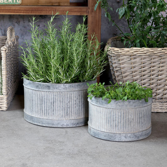 Chic Antique – Übertopf in Antik-Zink mit Rillen – 2er-Set im rustikalen Design