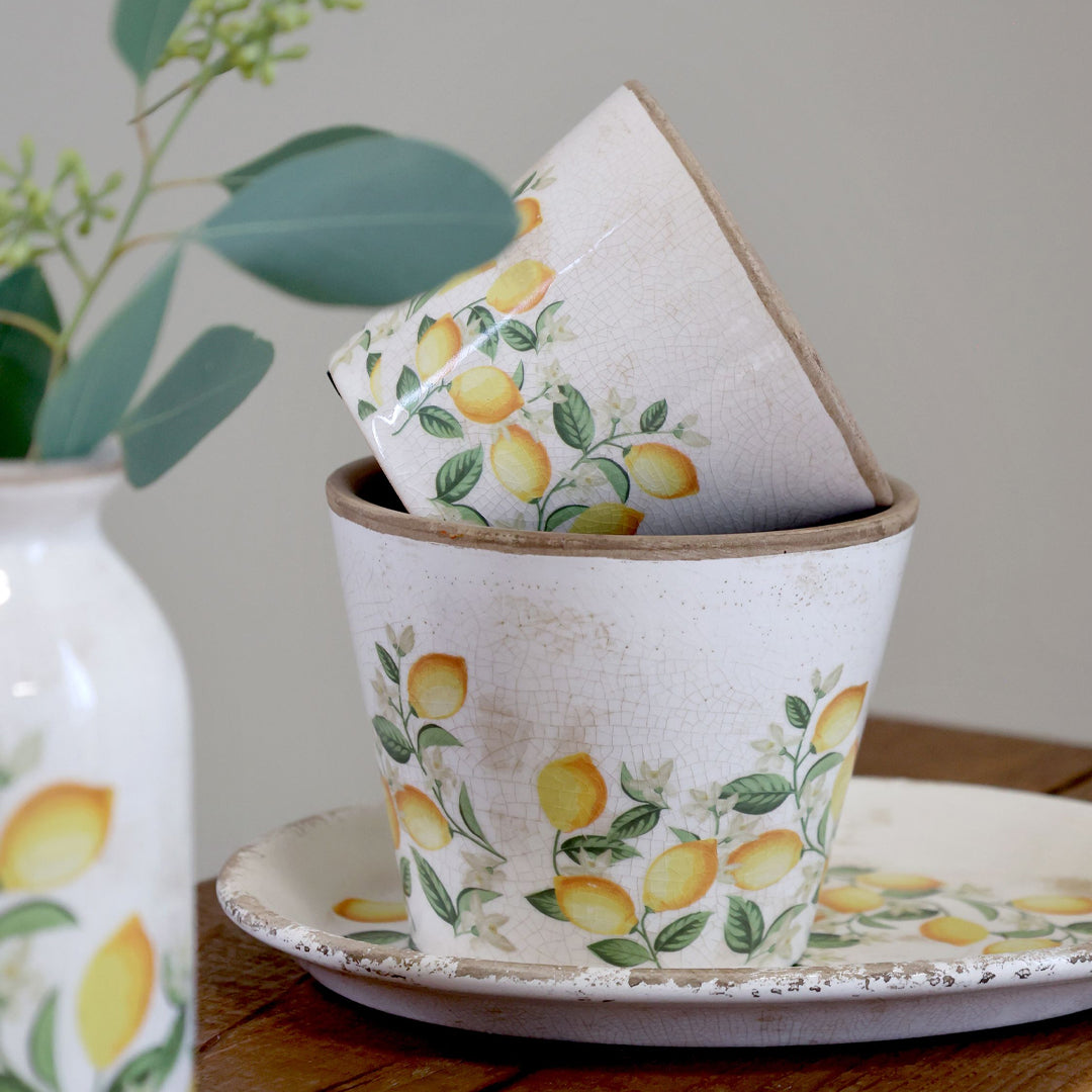 Chic Antique – Limone Blossom Übertopf mit Zitronen und Blumen – groß