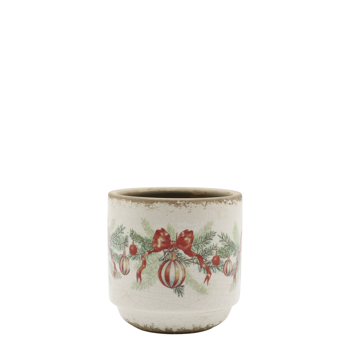 Chic Antique – Übertopf mit Weihnachtskugel und Schleife – H10/Ø10 cm – Creme