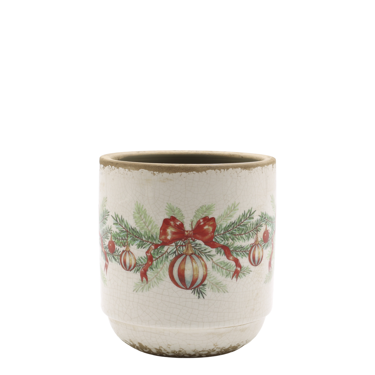 Chic Antique – Übertopf mit Weihnachtskugel und Schleife – H13,5/Ø13 cm – Creme