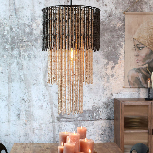 Chic Antique - Kronleuchter mit Holzperlen – Natur, H90/Ø50 cm