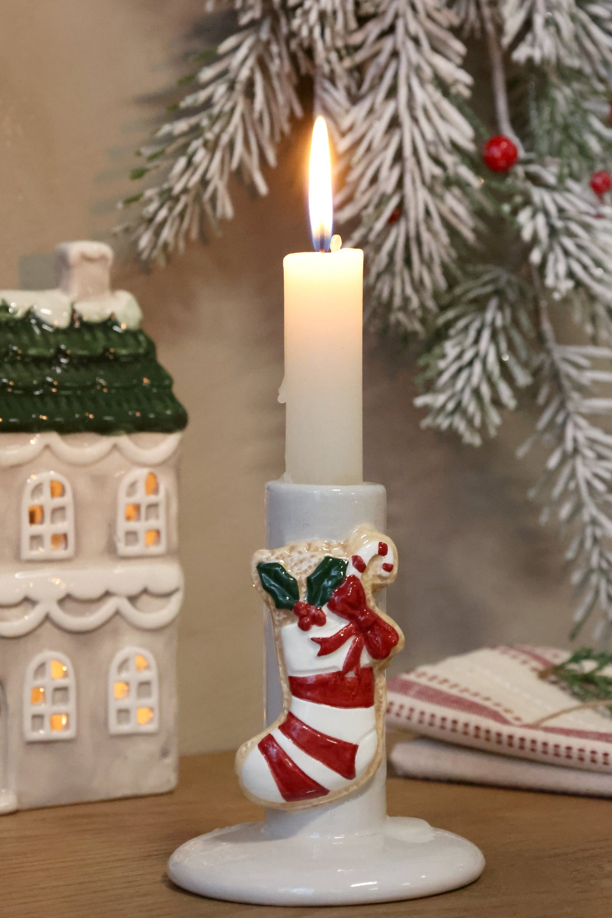 Chic Antique – Kerzenhalter mit Weihnachtsstrumpf – H10 × Ø8 cm – Creme