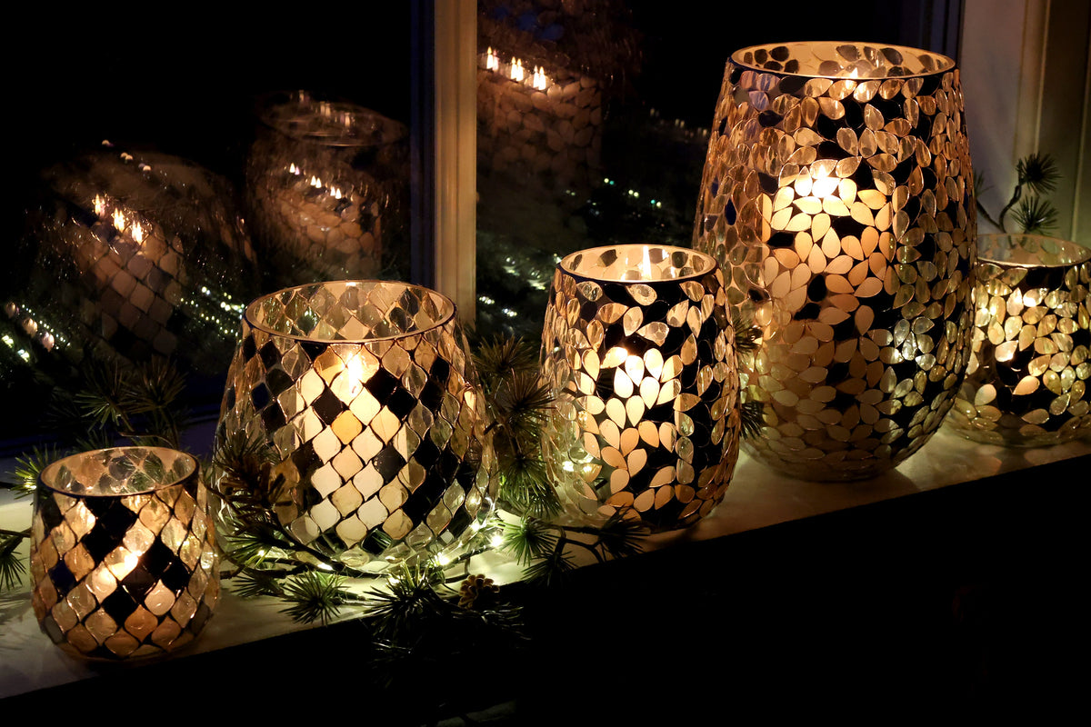 Chic Antique – Windlicht mit Mosaik – H13 x Ø14 cm – Champagner