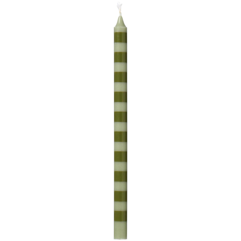 Ib Laursen – Stabkerzen 8 Stk. gestreift olivgrün/hellgrün, Stearin Ø 1,3 cm, H 20 cm, Schwanen-zertifiziert