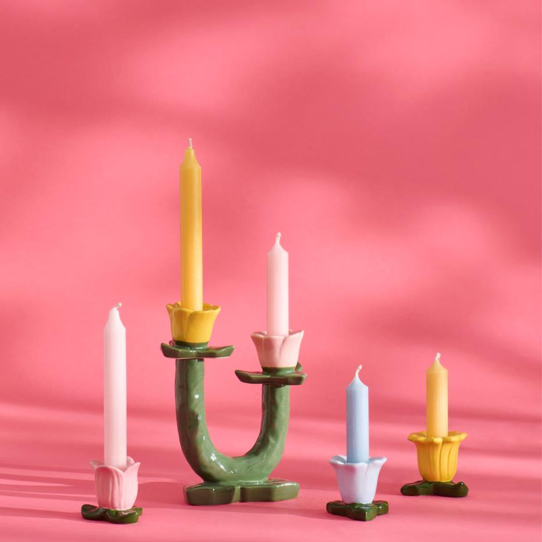 Ib Laursen - Kerzenhalter – Hellgrün mit gelber und rosafarbener Blume